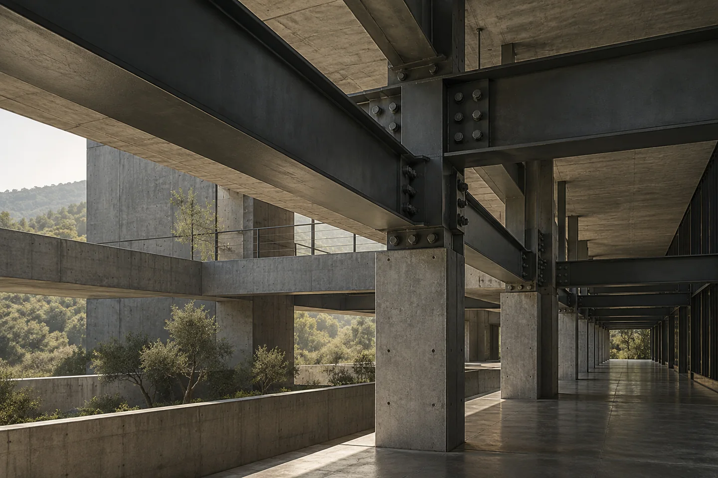 Ordered steel and concrete beams viewed through a contemporary structural space